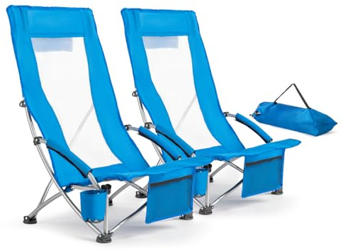 VINGLI Low Beach Chairs, High Back Chairs with Carry Bag，Foldable Portable Backpack Beach Chair for Camping Picnic LAN-2 Pack