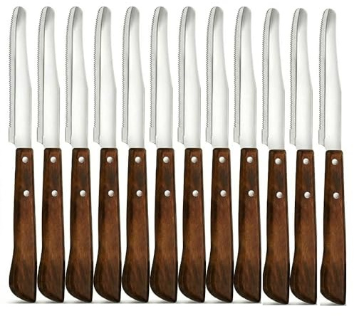 12 Coltelli da Tavola Professionali Punta semi Arrotondata Manico in Legno Resinato 22 cm LAMA in Acciaio Affilatura a Rasoio Ideale per Carne pizza e Formaggi Made in Italy