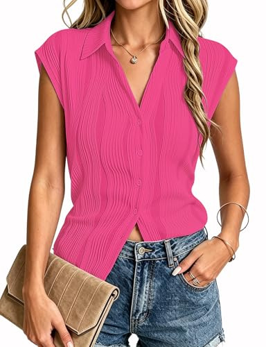 Gemulate Womens Vest Blouses Cap Sleeve V Neck Button Down Shirts | Ladies Slim Fit Casual Office Work Tank Tops