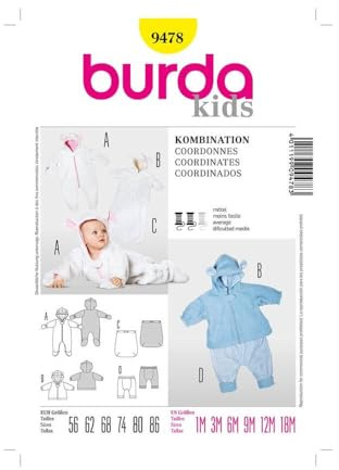 Burda Schnittmuster 9478 Baby Kombination: Overall, Jacke, Fu?Sack & Hose Gr. 56-86