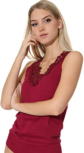 Damen Shirt, Unterhemd Gekämmte Baumwolle mit extra großer Spitze Ohne Seitennaht (36/38, Bordeaux)
