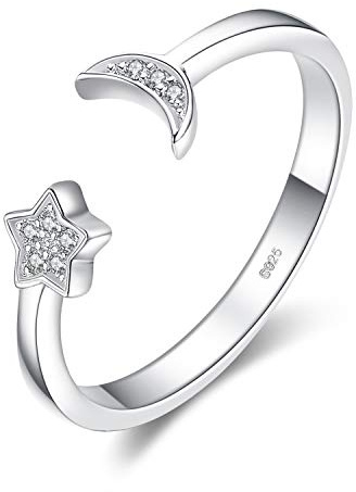 JewelryPalace Anillo Luna Estrella, Plata de ley 925 Oro, Anillos Ajustables Niñas Mujer Alianzas, Aniversario, Joyería Personalizada