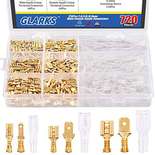 Glarks 720 connettori maschio e femmina da 2,8 mm, 4,8 mm, 6,3 mm e manicotti isolanti per cavo di rame con manicotto in nylon per altoparlante audio per auto
