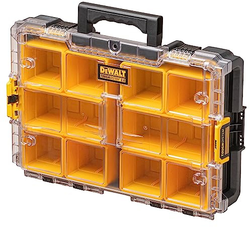 Dewalt Toughsystem 2.0 Organizer DS100 DWST83394-1 (extrem robust, mit 10 herausnehmbaren Kleinteile-Behältern, bis 20kg Tragekapazität, IP65, mit Metallscharnieren & Metalldraht-Verriegelung)