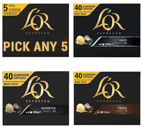 L'OR Espresso Coffee Pods PICK ANY 5 from 4 different blends inc. Forza, Ristretto, Delizioso and Onyx Aluminium Capsules - Each pack 40 pods, Total 200 pods (200 Drinks)