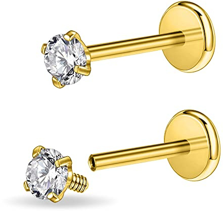 PunkTracker 16g/18g Surgical Steel Internal Thread CZ Stud Piercing Jewelry for Tragus/Nose/Helix/Conch/Medusa/Lip/Labret - Helix Tragus Cartilage Earring for Women Men 2PCS