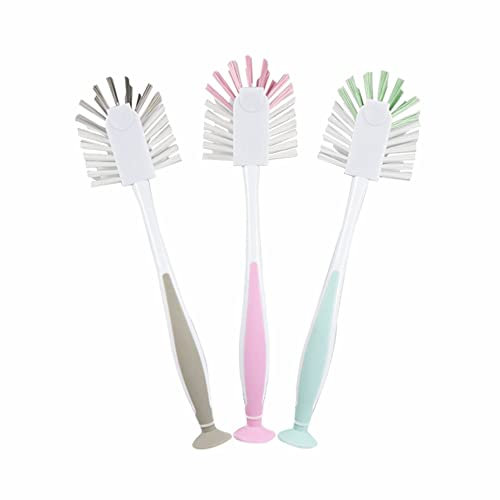 MUIZZ Dish Brush Heavy Duty Suction Washing Up Cleaning Durable Bristles Plastic Dishes Scrubbing Tool For Plates Pans Pots Utensil Gadget Home Kitchen Accessories Assorted Color (Pack Of 1) (N-12)