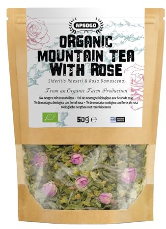 Griechischer Bio Bergtee mit Rosenblüten | APSOGO | Premium Qualität & ausgezeichneter Geschmack - Sideritis Scardica Bergtee aus Griechenland Griechenland (50gr (1er Pack))