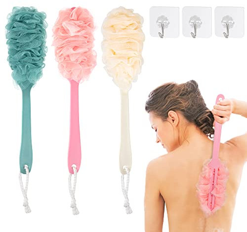 Spazzola da Bagno con Manico Lungo 3 Pezzi con 3 Ganci Adesivi Spazzola da Doccia Spazzola per il Corpo Scrubber Posteriore Mesh per Esfoliante Massaggio