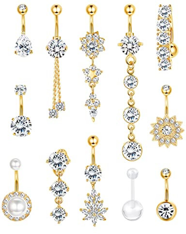 JeryWe 12 pcs Nombril Anneaux 14G balancent Nombril Anneaux en Acier Inoxydable 316L pour Femmes Nombril Piercing Bijoux Or