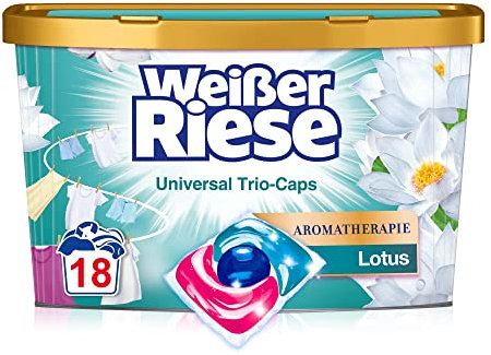 Weißer Riese Universal Trio-Caps Aromatherapie Lotus (18 Waschladungen), Waschmittel mit Good Mood-Duft für unwiderstehlich duftende & strahlend saubere Wäsche, 100% recycelbar