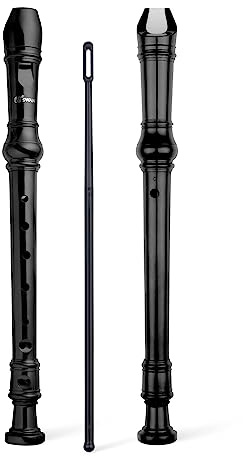 SWAN Soprano Recorder Instrument for Beginners Kids Student - German Fingering 8 Hole Flute Descant Recorders with Cleaning Rod Fingering Chart, Black