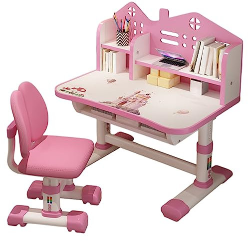zomebar Kleiner Schreibtisch, Stehpult, Schreibtischstuhl Set, verbreiterter Schreibtisch Multi Separation Cartoon Muster Schreibtischstuhl Set Kinder höhenverstellbarer Studiertisch (Rosa)