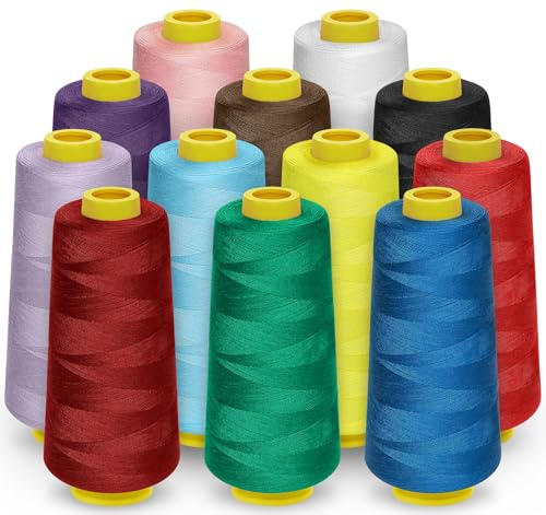 Stiverse Paquete de 12 conos de hilo Serger, 1800 yardas cada carrete, hilo de poliéster 40s/2 para Serger & Overlock, acolchado, piezas, máquina de coser