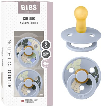 BIBS Colour Studio Soother 2-Pack, BPA Free Dummy Pacifier, Round Nipple. Natural Rubber Latex, Made in Denmark, Size 2 (6-18 Months), Morning Bloom Dusty Blue