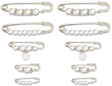 KAKASEA 10 Pcs Faux Pearl Brooch Pins Fashion Sweater Shawl Clips Pants Waist Extender Safety Pins Clothing Dresses Decoration