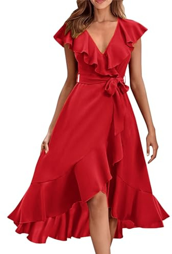 Robe portefeuille pour femme avec col en V, manches courtes, volants et lacets, RD1., XL