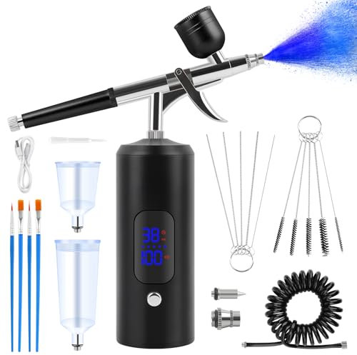 Kalolary 38PSI Airbrush-Set mit Kompressor, Mehrzweck Kabelloser Hochdruck-Kompressor Wiederaufladbar für Friseure, Nageldesign, Kuchenverzierung, Make-up, Modellmalerei (Schwarz)