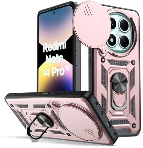 Oududianzi - Funda para Xiaomi Redmi Note 14 Pro 5G, con Cubierta Deslizante de la Cámara, Soporte Giratorio de 360 ° y Funda Protectora TPU de Silicona - Rosa