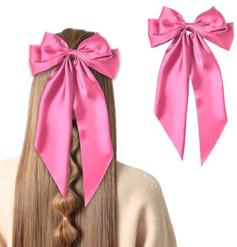 Peach Pink Large Satin Silk Bowknot Barrette with Long Ribbon for Women and Girls