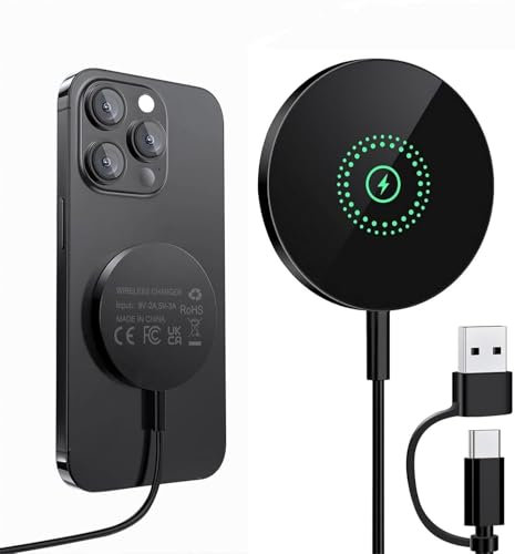 ideallife Magnet Ladegerät iPhone, Qi-Zertifiziert 15W Max Kabelloses Ladepad Pad, Wireless Charger Induktive Ladestation Kabelloses Ladepad Kompatibel mit iPhone 16 15 14 13 12 und Air-Pods 3 2 Pro
