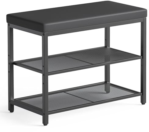 Mondeer Banc à Chaussures, Étagère à Chaussures 3 Niveaux avec Coussin et Étagère Hauteur Réglable Gain de Place Style Industriel pour Entrée Couloir Chambre, 60 x 30 x 50 cm, Noir