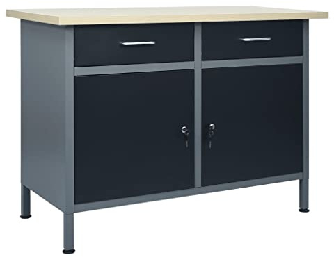 Emmtore Werkbank 2 Schubladen mit Kugellager 2 Schränke mit Türen Werktisch Werkstatt Heimwerker Montagewerkbank Arbeitstisch Schwarz 120x60x85cm Stahl