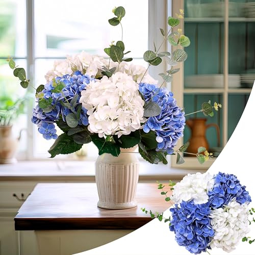 KP HOME Ramo de Hortensias Artificiales con Acabado Realista, Grande 50 cm – Set de 4 Flores Artificiales Decoracion Azul y Blanco + 2 Ramas de Eucalipto para Hogar, Boda, Fiesta, Oficina