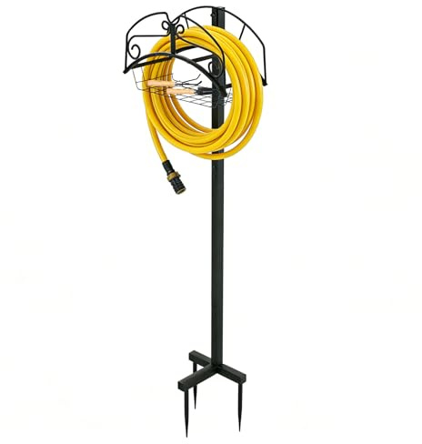 EFUTURETIME 116cm Soporte de Manguera de Jardín Independiente de Metal con 3 Púas, Manguera de 35m, Desmontable, para Jardín, Césped y Exteriores, Negro