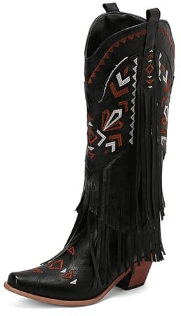 Qynthra Botas Western Estilo Cowboy con Flecos Altas A La Rodilla Tacón Grueso Corte Geométrico Moda Retro De Festival Uso Diario Comodidad Al Caminar,Negro,41 EU