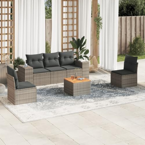 Tonture Ensemble de 6 canapés de jardin gris, poly rotin, table en bois d'acacia, espace de rangement, résistant aux UV, groupe de sièges d'extérieur modulaire pour terrasse et balcon