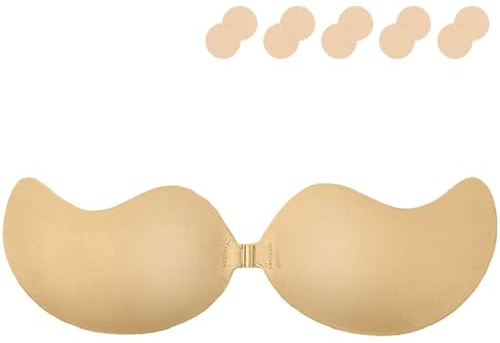 Yutdeng Reggiseno Invisibile Donna Reggiseno Adesivo Push Up Silicone Coppe Adesive Seno Riutilizzabile Traspirante Reggiseno Senza Spalline con Copricapezzoli per Festa Matrimonio,Beige,A