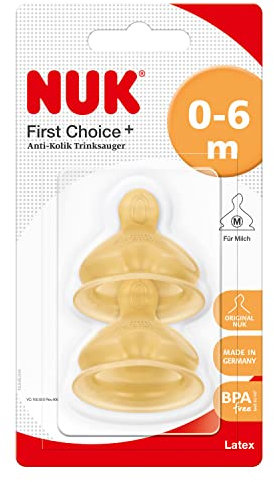 NUK First Choice+ Latex-Trinksauger | für ein natürliches Trinkgefühl | kiefergerechte Form | Größe 1 | 0-6 Monate | M für Milch | 2 Stück
