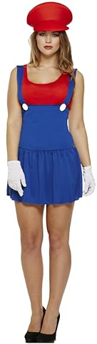 HENBRANDT Adult Women’s Red Super Plumber Fancy Dress Retro 1980s Videogame Red and Blue Mini Overalls Dress Moustache Brothers Workman Ladies Fancy Dress Costume