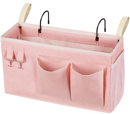 Loghot Bedside Caddy/Bedside Storage Bag Hanging Organizer for Bunk and Hospital Beds,Dorm Rooms Bed Rails,Can be Placed Glasses,Books,Mobile Phones,Keys (Light Pink)