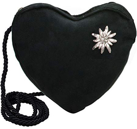 Heimatflüstern Trachtentasche Herztasche mit Strass-Edelweiss - Damen Dirndltasche mit Pin Anstecker, Handtasche zum Dirndl und Lederhose, Umhängetasche fürs Oktoberfest (schwarz)