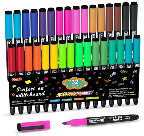 Shuttle Art Whiteboard Marker Set, 32 Whiteboard Stifte Set, 16 Farben Folienstifte abwischbar, magnetische Whiteboardmarker mit Radierer, folienstift wasserlöslich für Weißwand, Spiegel, Schule