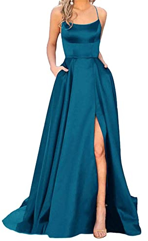 xxxiticat Damen Elegant Lange Ballkleider mit Taschen Satin A-Linie Backless Hochzeitskleid Abendkleider Sexy Neckholder Spaghetti Brautkleid Kleider Lang Prinzessin Brautjungfer Kleid (PB-S)