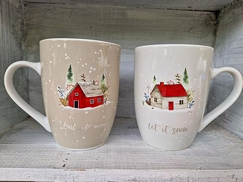 Arinosa Becher Weihnachtstasse 2 er Set Häuschen Weiß Natur Keramik 330 ml