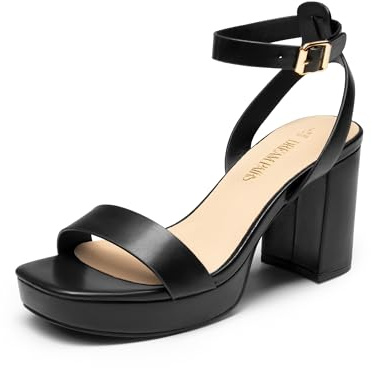 Dream Pairs Sandali da donna con tacco a plateau, tacco alto a blocco, punta aperta, cinturino alla caviglia, per matrimoni, feste, serate eleganti, balli e abiti da sera, Nero-PU, 9