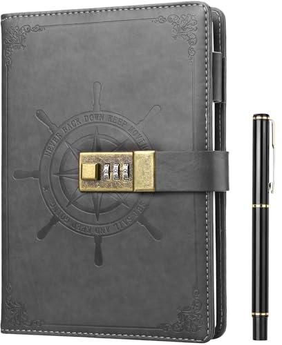 Kesoto Diario con Cerradura Cubierta de Cuero Cuaderno con Cerradura Cuaderno de rayas para Ordenación Personal Diario Registro de Trabajo Agenda Tapa Dura 212 Páginas (Gris)