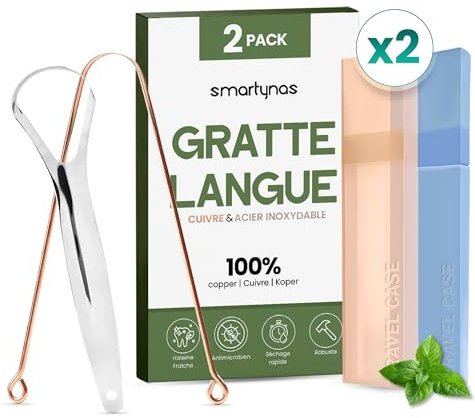 Zungenreiniger Set - 2 Stück Zungenschaber: 1 Kupfer & 1 Edelstahl - Tongue Scraper für Mundhygiene, Bekämpft Mundgeruch, Ideal für Erwachsene & Kinder, Zungenbürste für Frischen Atem mundpflege