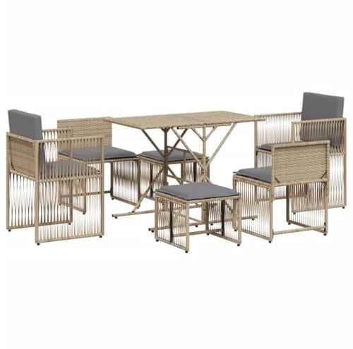 Juego de Comedor de Jardín 7 pzas vidaXL, Set Comedor Exterior con Cojines ratán sintético Beige y Gris, Muebles de Comedor de jardín, Mesa y sillas de jardín