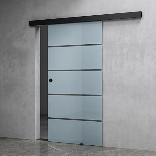 Mai & Mai Porta Scorrevole in Vetro 102.5x215cm, Porta Scorrevole in Vetro Satinato 8mm in 5 Strisce con Binario e Maniglia Rotonda per Bagno Cucina Studio Ufficio, Nero, Amalfi-plus 11H
