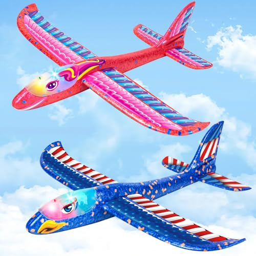 2 Pack Foam Glider Planes for Kids, Large LED Throwing Airplane Toys, Outdoor Throwing Foam Gliders, Flying Aeroplanes Toys 4 5 6 7 8 9 10 11 12 Years Old Boys Girls Birthday Gifts