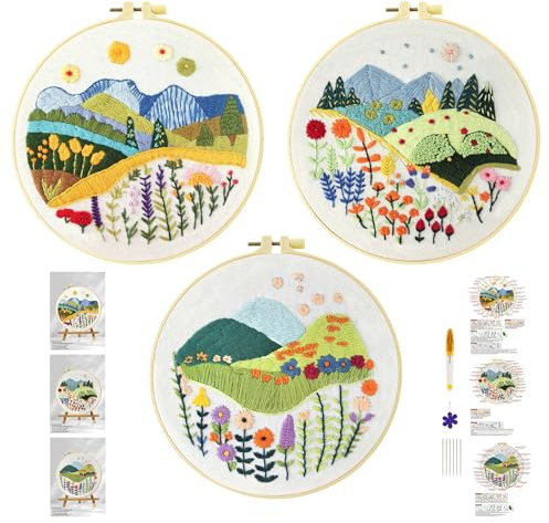 Xinpinzhou 3pcs Blumen Gras Stickset Sticken Set für Erwachsene Anfänger Embroidery Kit Stickerei Stick Set Stickvorlagen Kreuzstich Vorgedruckt Stickbilder Stickbild Stickpackung Stickvorlage