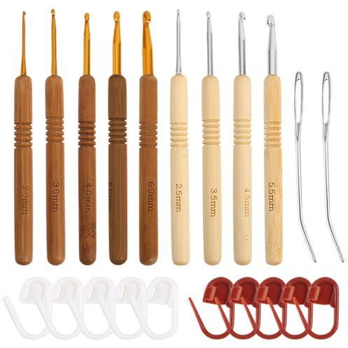 RDNKVB Set de crochet de madera, 9 tamaños, ganchillos con agujas y marcadores de crochet, kit de ganchillo para principiantes y aficionados 2mm 2,5mm 3mm 3,5mm 4mm 4,5mm 5mm 5,5mm 6mm