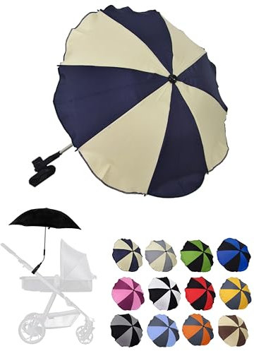 BambiniWelt by Rafael K. Sonnenschutz universal [Sonnenschirm für Kinderwagen] Buggy UV Schutz 50+ mit Universalhalterung biegsamer Schirm für Rund- und Ovalrohre verstellbar (beige-marine)