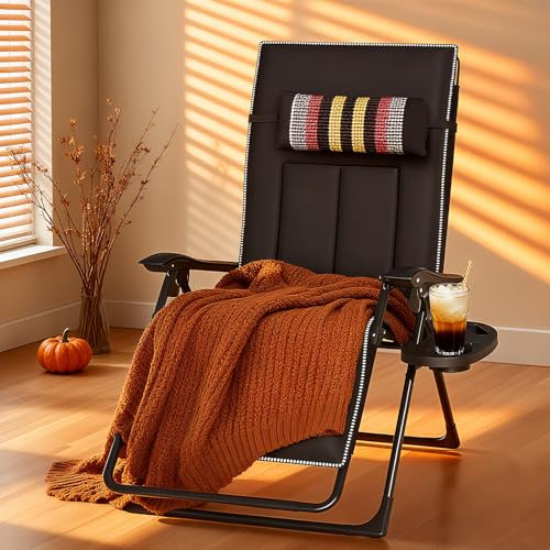 TerraVibe Klappbare Sonnenliege, Klappliegen mit Getränkehalter, Gartenliege Klappbar, Gartenliege Wetterfest mit Kissen, Strandliegen für Camping, Garten, Pool (Schwarz-1PC)