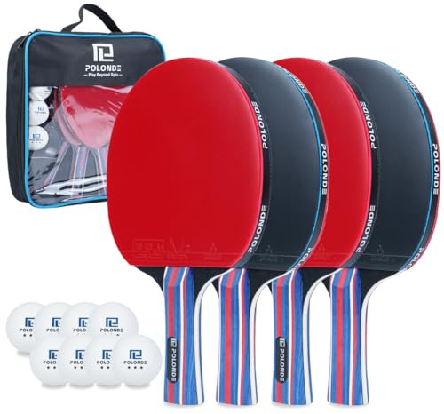 POLONDE Table Tennis Set with 4 Paddles, 8 Balls and 1 Bag, Professional Ping Pong Bats with ITTF Approved Rubber, 3-Star Balls, Ping Pong Set with Portable Bag